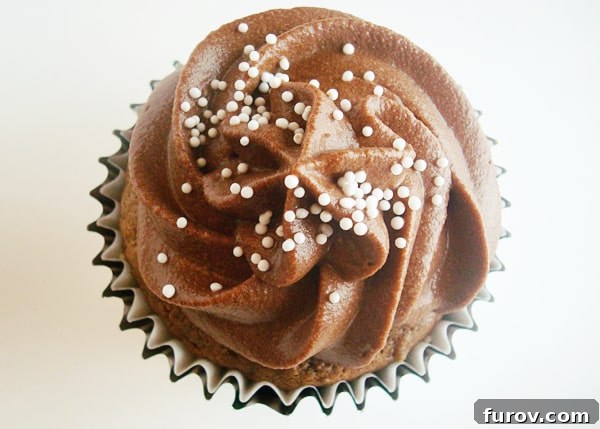 Cupcakes in the Schoolyard 3 Top-down view of a generously frosted chocolate cupcake adorned with delicate white sprinkles.