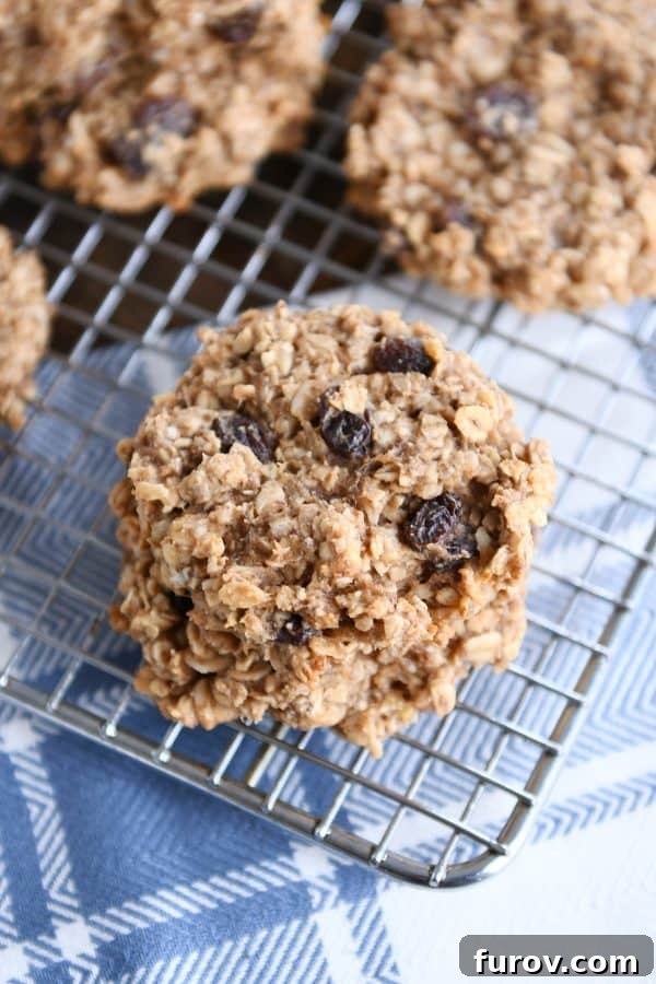 A stack of golden brown breakfast cookies with visible oats and raisins, resting on a wire cooling rack.