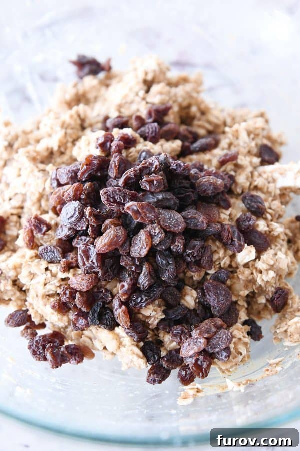 Adding plump raisins to the wholesome breakfast cookie dough in a clear glass bowl, ready for mixing.