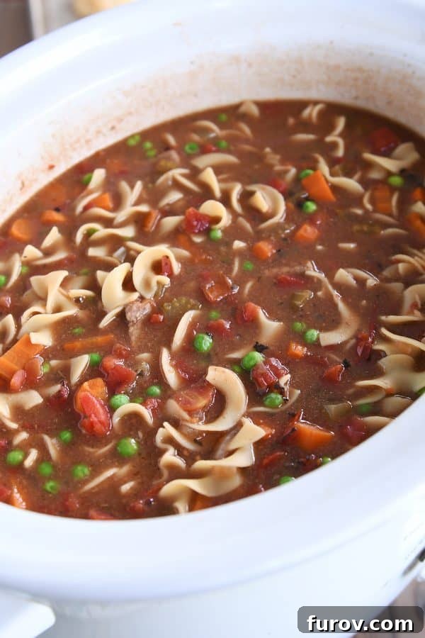 White slow cooker filled with beef vegetable noodle soup.