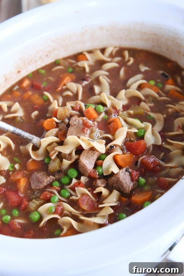 White slow cooker filled with beef vegetable noodle soup.