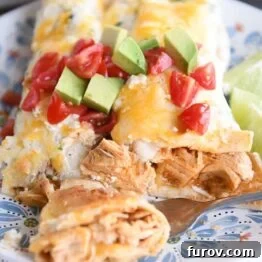 Close up view of bite taken out of one honey lime chicken enchilada on white and blue plate.