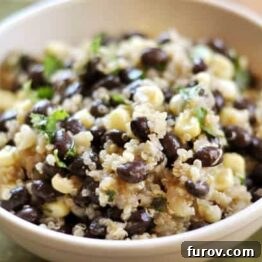 Close-up of Black Bean and Sweet Corn Quinoa Salad in a white bowl