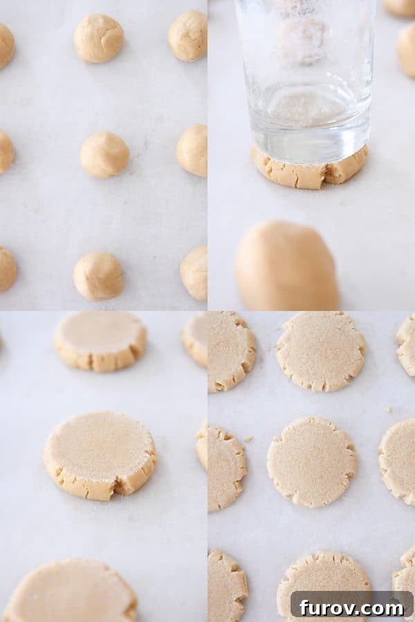 A step-by-step view of forming soft peanut butter sugar cookies: rolling dough balls, pressing them with a sugar-coated glass, and baking them to perfection.