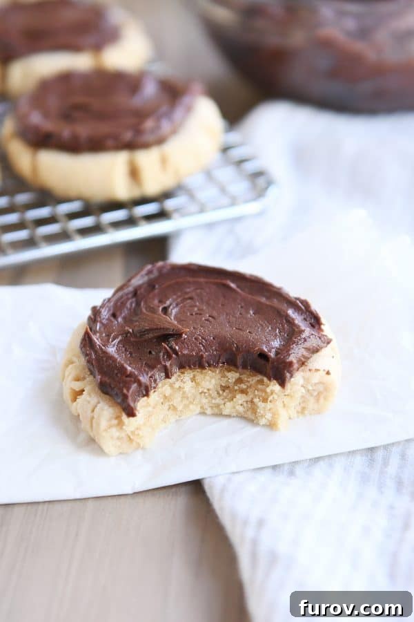 A delicious soft peanut butter sugar cookie with fluffy chocolate frosting, with a bite taken out, resting on a white napkin.
