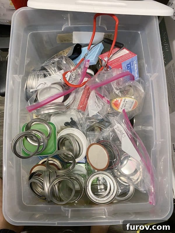 The Essential Home Canning Collection My Best Books Recipes and Resources 8 A plastic bin overflowing with an unorganized collection of canning lids and bands, humorously depicting a common canning challenge.
