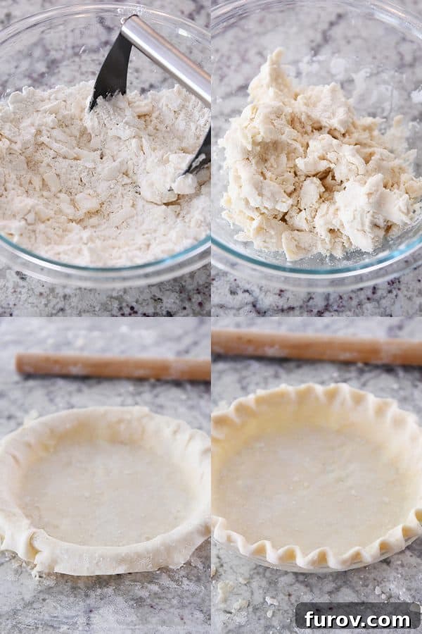 Process shots of mixing pie crust and rolling it into pie plate with fluted edges.