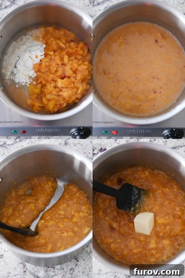 Process shots of making and cooking fresh peach pie filling.