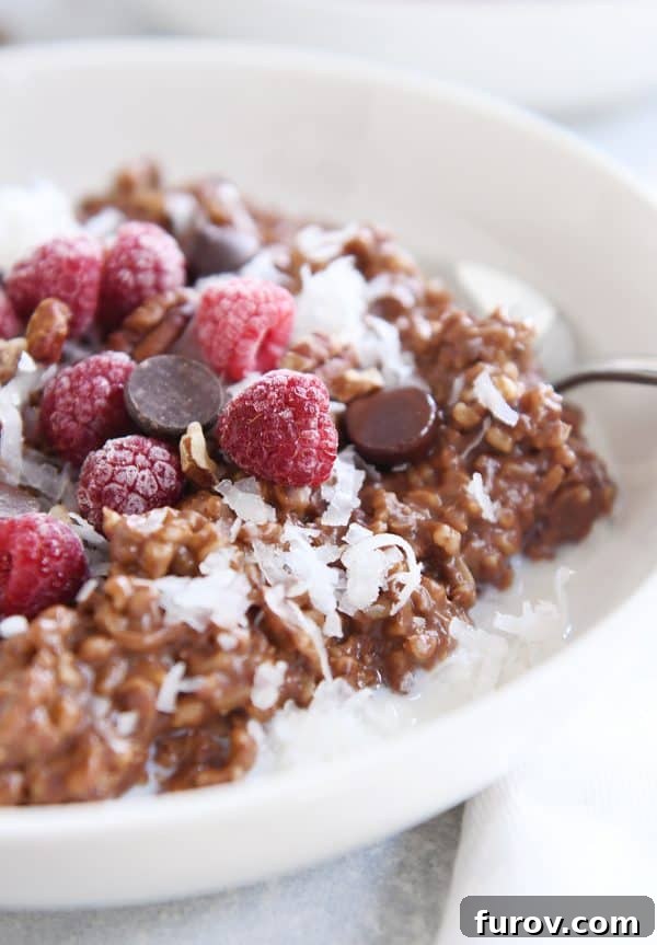 Rich & Dreamy Instant Pot Double Chocolate Steel Cut Oats 3 Instant Pot chocolate steel cut oats in a white bowl, topped with chocolate chips and frozen raspberries.