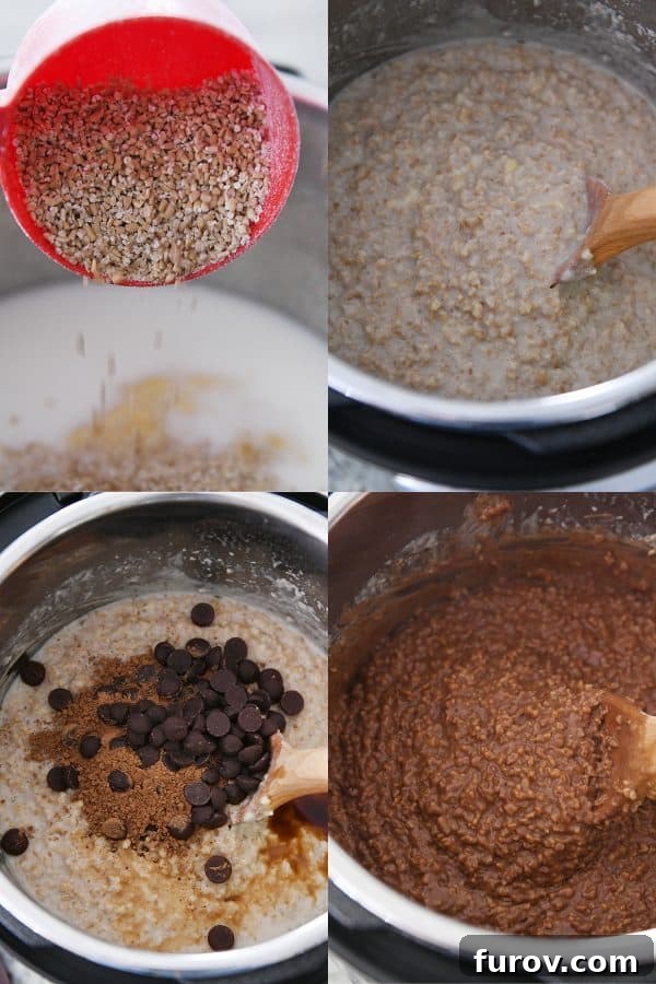 Rich & Dreamy Instant Pot Double Chocolate Steel Cut Oats 4 Collage of images showing the process: pouring steel cut oats into Instant Pot, stirring oatmeal, and adding chocolate.