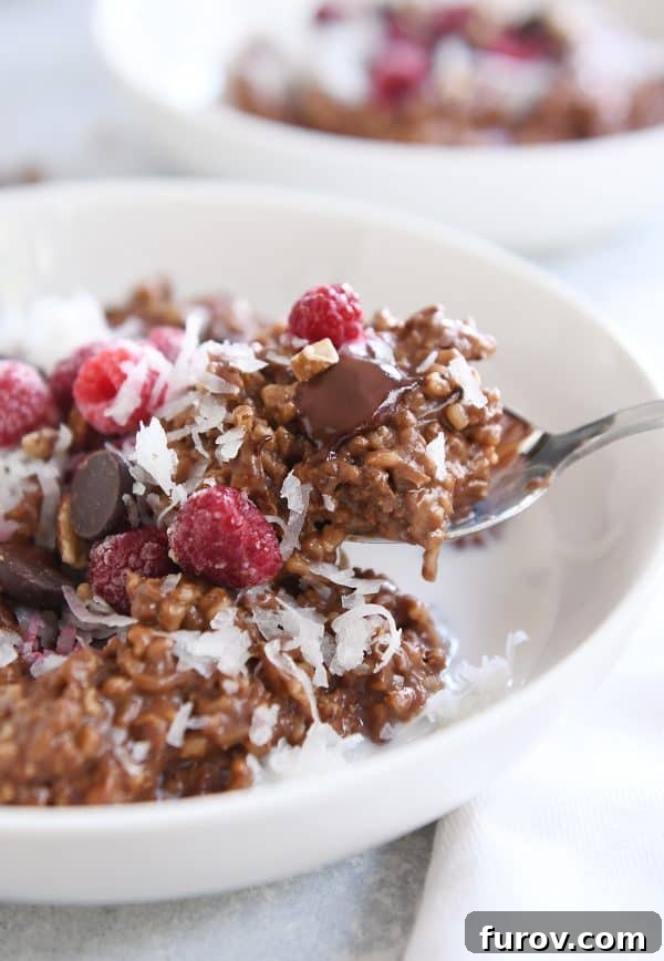Rich & Dreamy Instant Pot Double Chocolate Steel Cut Oats 6 Scooping a spoonful of chocolate steel cut oats with coconut and raspberries in a white bowl.
