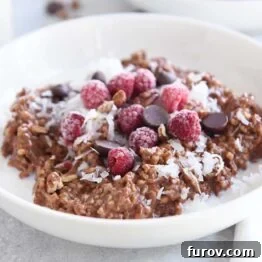 Rich & Dreamy Instant Pot Double Chocolate Steel Cut Oats 8 Double chocolate steel cut oats in a white bowl with coconut, chocolate chips, and raspberries.