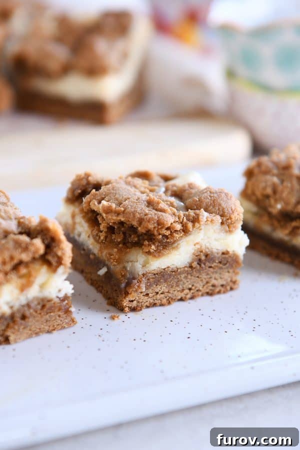 Spiced Gingerbread Cheesecake Bars 2 A perfectly sliced gingerbread cookie cheesecake bar with a rich, spiced cookie base, creamy cheesecake filling, and a crumbled gingerbread topping, presented on a white speckled tray.