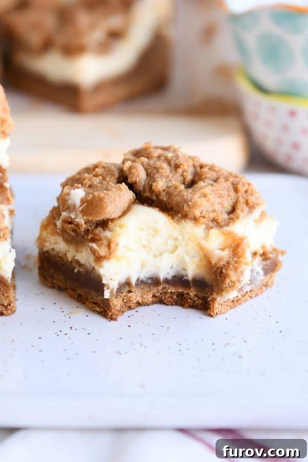 Spiced Gingerbread Cheesecake Bars 3 A gingerbread cookie cheesecake bar with a small bite taken out, revealing its layered perfection, served on a stylish white speckled tray.