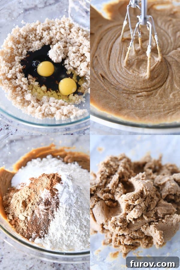 Spiced Gingerbread Cheesecake Bars 4 A collage of baking steps: vibrant yellow eggs, granulated sugar, and dark molasses in a glass bowl; a stand mixer blending the gingerbread dough; the addition of aromatic spices and flour; and finally, the rich, ready-to-use gingerbread cookie dough.