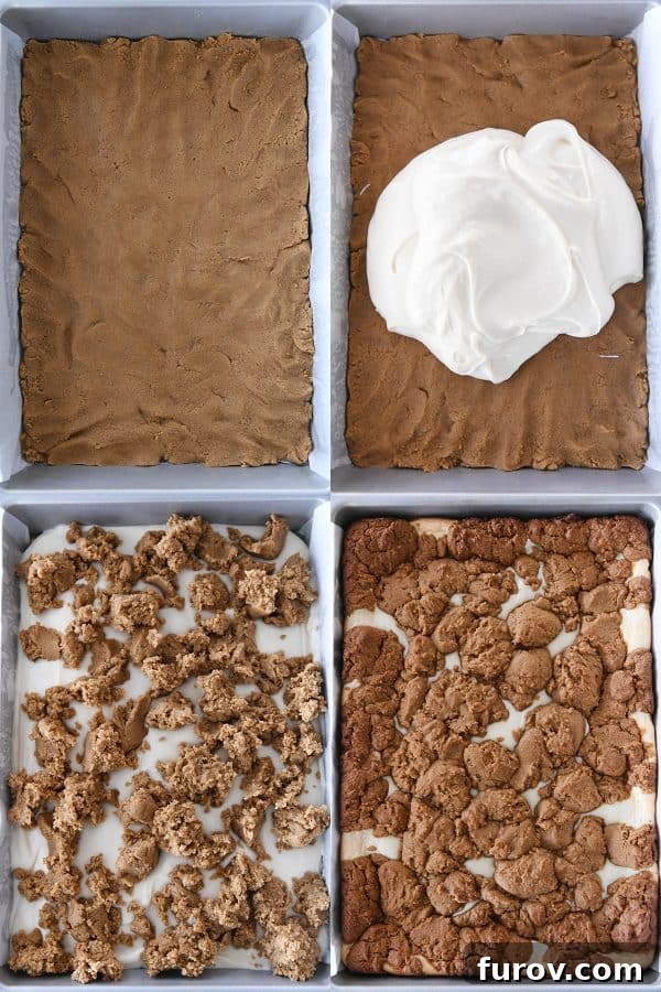 Spiced Gingerbread Cheesecake Bars 5 A visual guide to layering gingerbread cheesecake bars: gingerbread dough evenly pressed into a 9x13-inch pan; smooth cheesecake batter spread over the gingerbread base; reserved gingerbread crumbles sprinkled on top; and finally, the beautifully baked gingerbread bars, golden and ready for cooling.