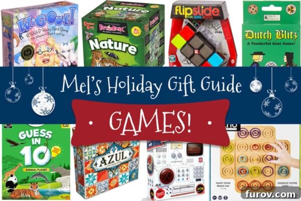 Mel Holiday Games Top Picks 2 A vibrant collection of board and card games laid out on a clean white background, signaling the start of a festive game gift guide.