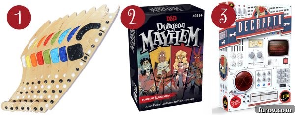 Mel Holiday Games Top Picks 3 Three popular board and card games: Jokers and Marbles, Dungeon Mayhem, and Decrypto, ready for a fun game night.