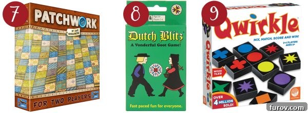 Mel Holiday Games Top Picks 5 A collection of beloved board games: Patchwork, Dutch Blitz, and Qwirkle, perfect for diverse game preferences.