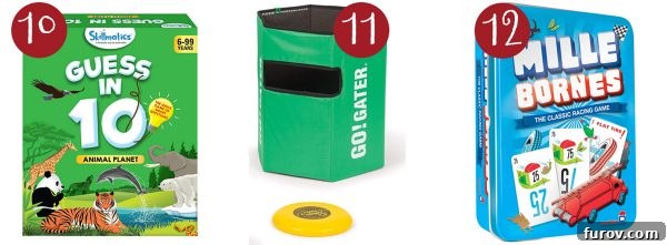 Mel Holiday Games Top Picks 6 Three exciting games: Skillmatics Guess in 10, Go Gater Disc Slam (similar to Gater Jam), and Mille Bornes, offering variety for indoor and outdoor fun.