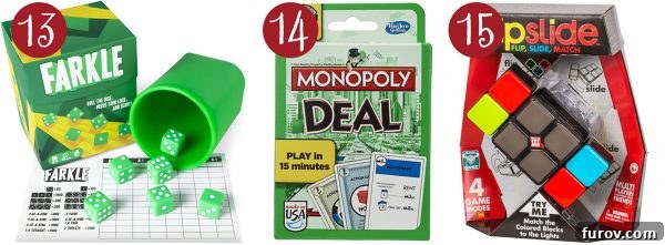 Mel Holiday Games Top Picks 7 A diverse selection of popular card and dice games: Farkle, Monopoly Deal, and Flip Side, offering quick and engaging entertainment options.