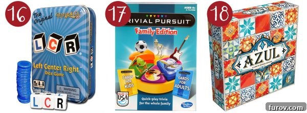 Mel Holiday Games Top Picks 8 Three popular board games for family fun: LCR (Left, Center, Right), Trivial Pursuit Family Edition, and Azul, offering a range of strategic and trivia challenges.