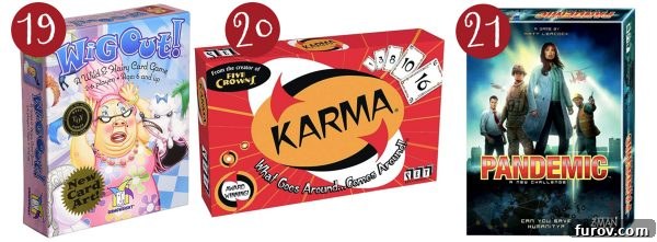 Mel Holiday Games Top Picks 9 Three engaging card and board games: Wig Out, Karma, and Pandemic, offering options for cooperative, competitive, and lighthearted fun.