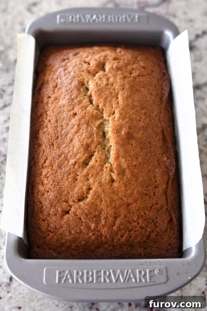 Top-down view of a perfectly cooked, golden-brown loaf of banana bread still warm in a metal Farberware bread pan.