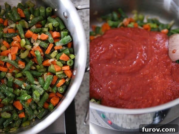 Sautéed green beans, carrots, and onions in a pot, next to another pot with crushed tomatoes being added to vegetables.