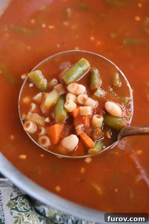 A ladle serving a generous portion of classic minestrone soup.