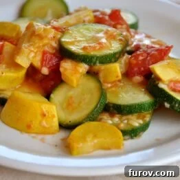 A small image of the delicious Skillet Squash Medley, showcasing its vibrant colors and inviting texture.