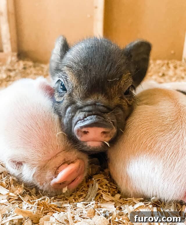 Friday Musings 3 Three healthy Kunekune piglets resting comfortably in a bed of fresh straw.