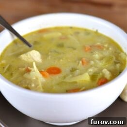 A top-down view of a steaming bowl of Mulligatawny Soup with chicken, vegetables, and apples, garnished with fresh parsley.