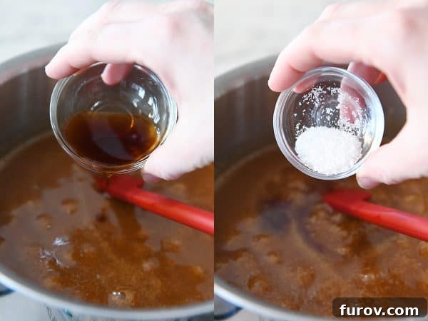 From Scratch Golden Caramel Bliss 11 Vanilla extract and a pinch of salt being added to the simmering homemade caramel sauce.