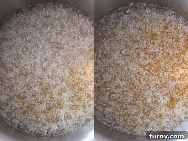 From Scratch Golden Caramel Bliss 8 Sugar syrup cooking in a pan, showing a light golden color as it begins to caramelize.