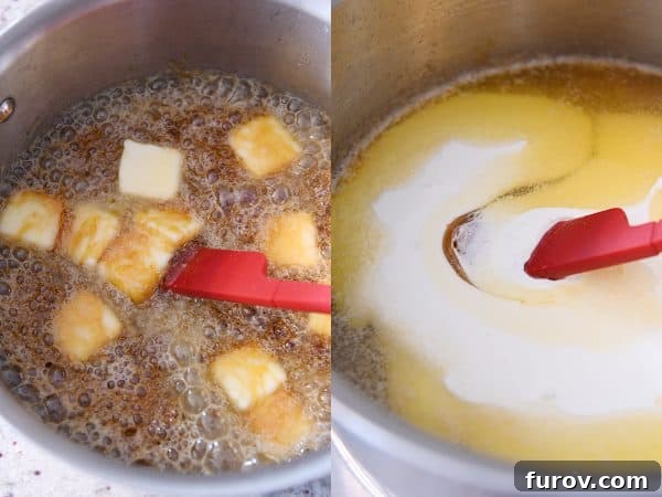 From Scratch Golden Caramel Bliss 10 Butter and heavy cream being stirred into the hot caramelized sugar, creating the smooth sauce.