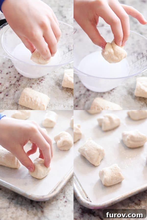 Irresistible Homemade Pretzel Bites 14 Dipping pretzel bite dough in baking soda and water solution.