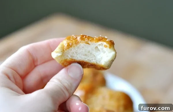 Irresistible Homemade Pretzel Bites 20 A hand holding a pretzel bite with a bite taken out.