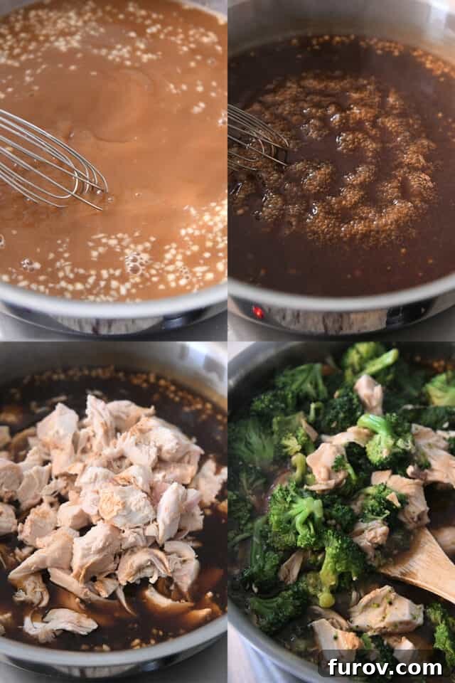 Making quick and easy Chinese chicken and broccoli by simmering sauce, adding chicken and broccoli.