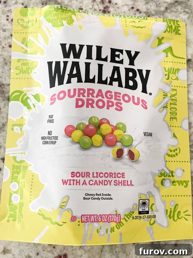 A bag of Wiley Wallaby Sourrageous Drops, a sweet and sour licorice candy.