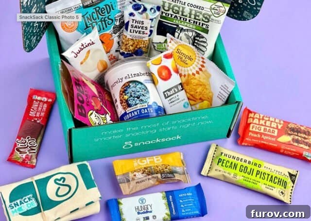 A variety of snacks and goodies overflowing from a subscription snack box, showcasing the surprise and delight of such gifts.