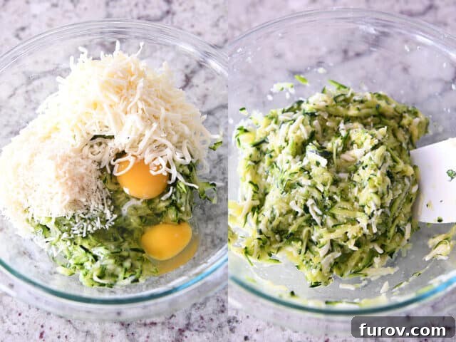 Golden Cheesy Zucchini Spaghetti Bake 3 Glass bowl of shredded zucchini, eggs, parmesan cheese.