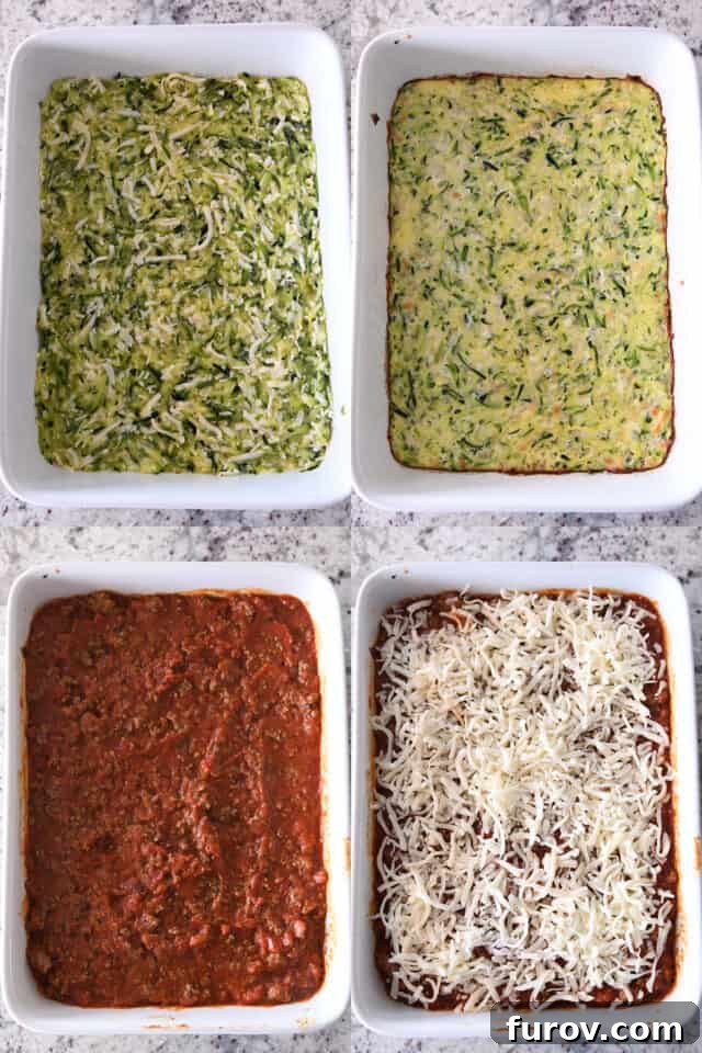 Golden Cheesy Zucchini Spaghetti Bake 4 Assembling zucchini casserole; unbaked crust; baked crust; marinara sauce on top, cheese sprinkled on top.