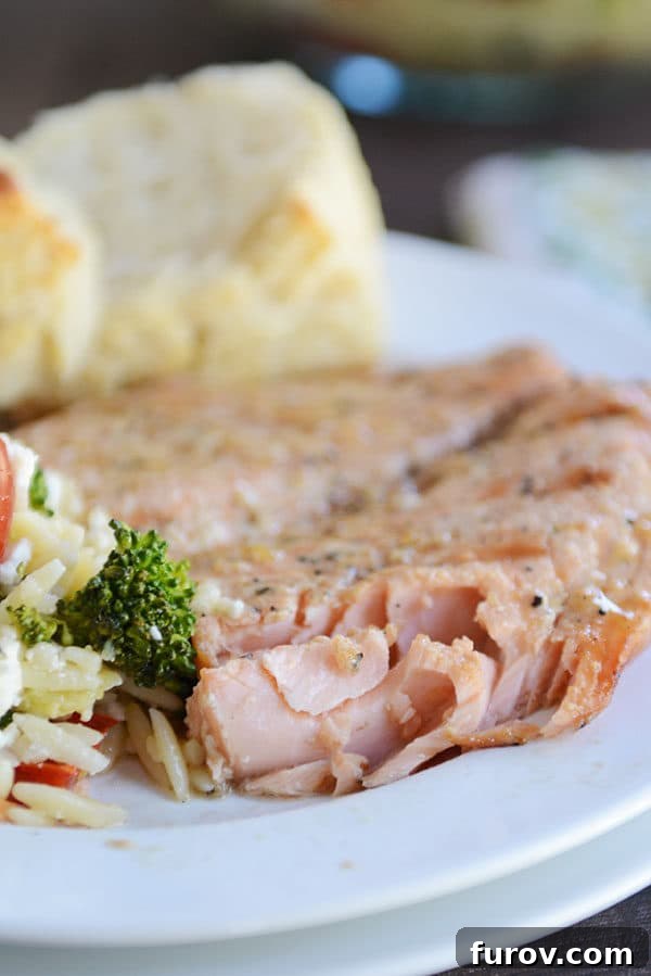 Succulent Grilled Salmon 2 A fillet of salmon with a bite taken out next to a biscuit and helping of pasta salad on a white plate.