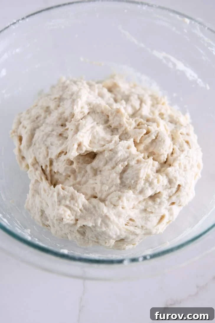 Foolproof No Knead Fluffy Focaccia 12 The initial shaggy mixture of focaccia dough in a glass bowl right after mixing.