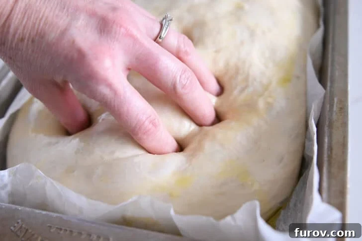 Foolproof No Knead Fluffy Focaccia 9 Using oiled fingertips to press the classic dimples into the top of the unbaked focaccia dough.