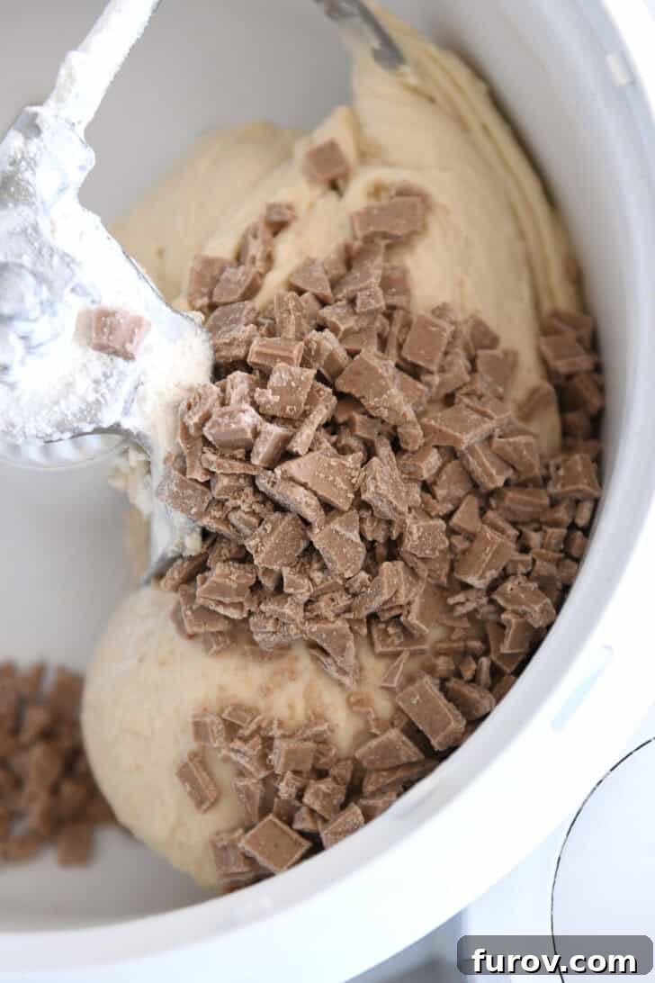 Dough in white bosch mixer dotted with homemade cinnamon bits.