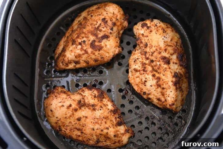 Three cooked chicken breasts in basket of air fryer.