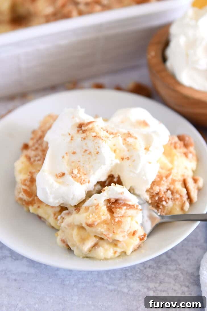 Serving of banana pudding on white plate topped with whipped cream and bite on spoon.