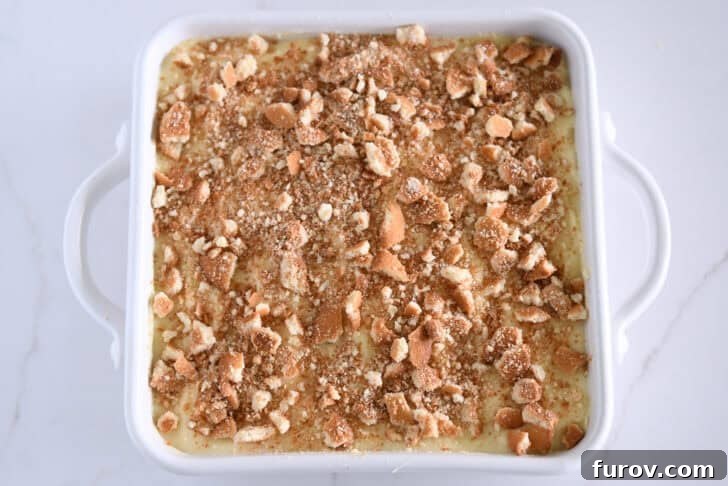 Crumbled Nilla wafers on top of vanilla pudding in white 8X8 pan.